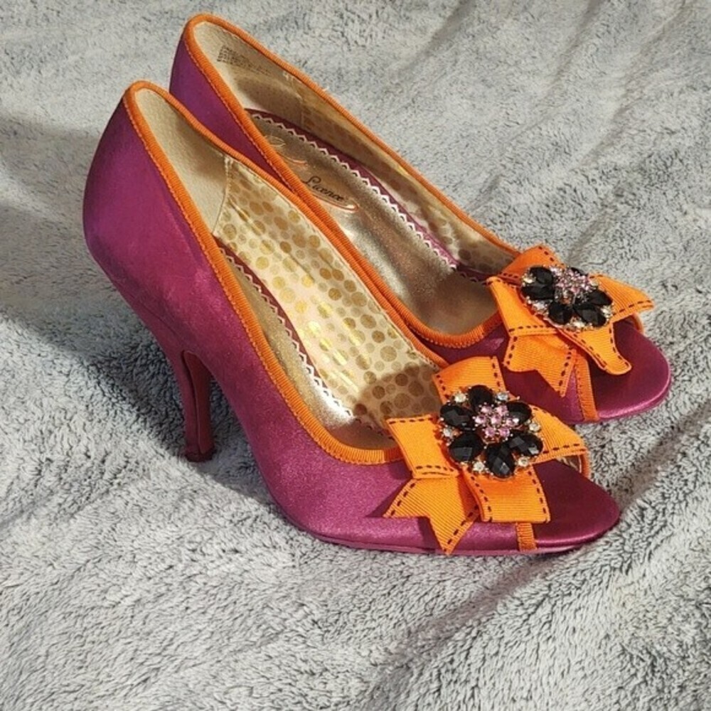 Poetic License Pink and Orange Satin Heels with Bow Accent